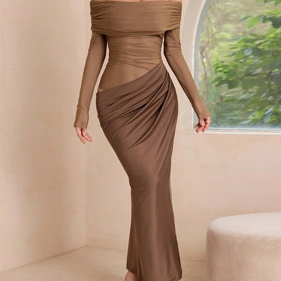 Brown Elegant Women's Off-Shoulder Long Net Sheer Hollow Out Bodycon Dress - Picture 5 of 6